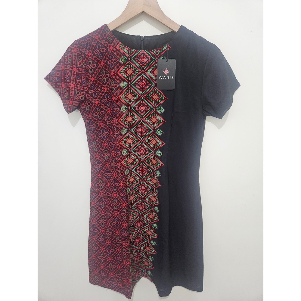Waris Women Black Red Green Geometric Tribal Print Short Sleeve Shift Dress M NW